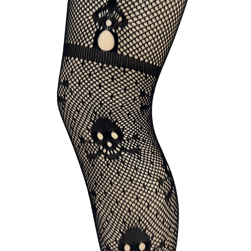 Skull And Crossbone Patterned Mock Suspender Fishnet Tights LEGGSBEAUTIFUL