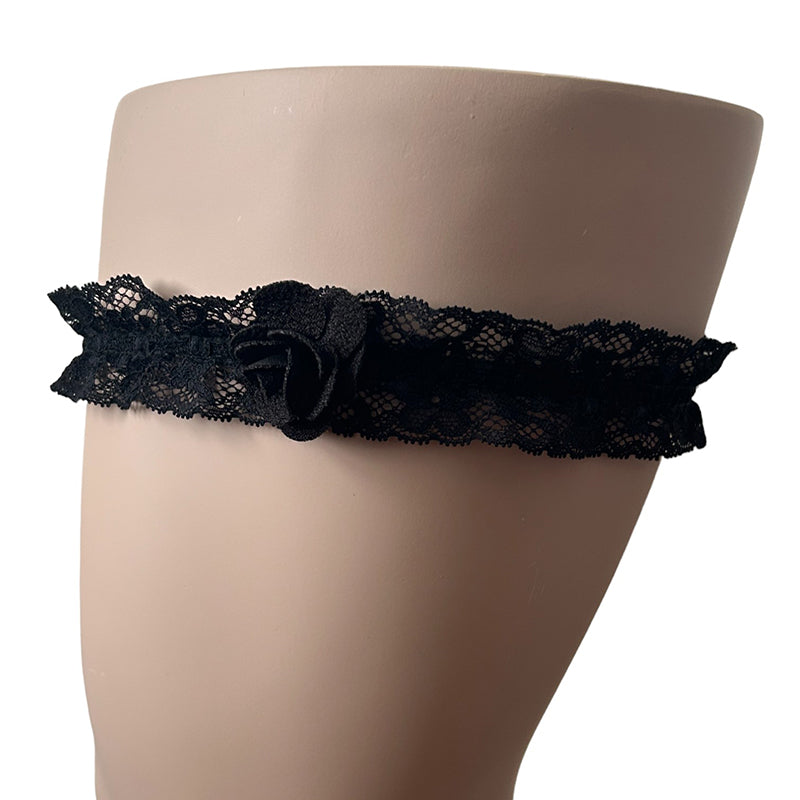 Plus Size Black Bridal Wedding Garter With Rose Bud Detail