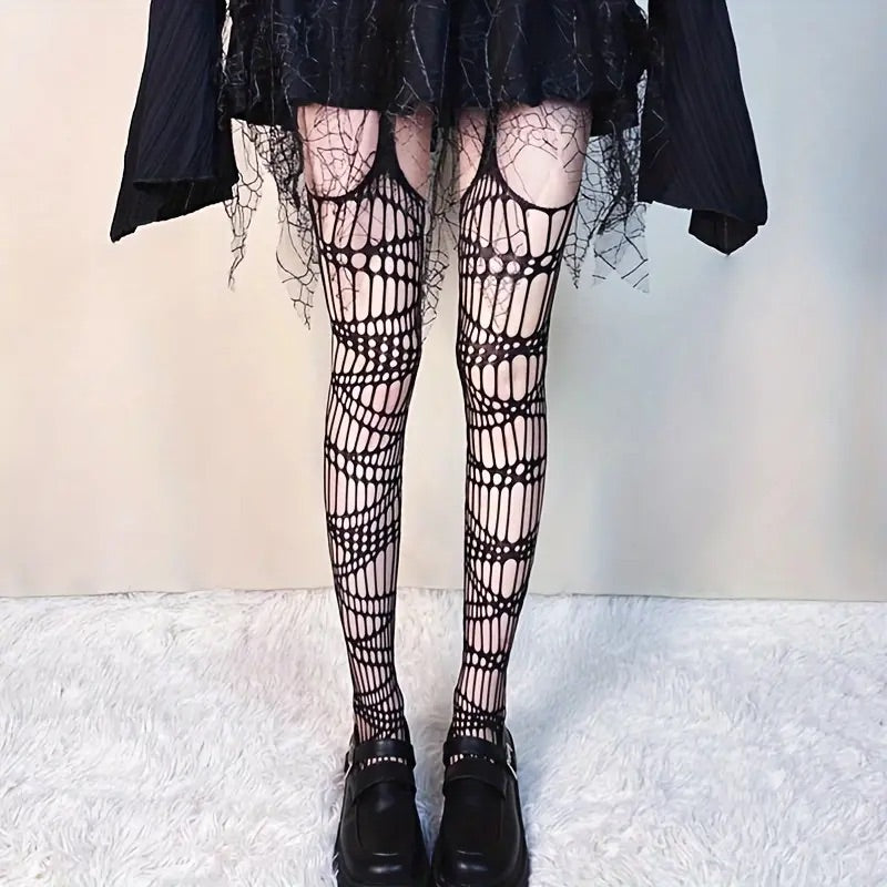 Distressed Web Net Suspender Tights