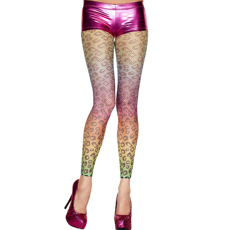 Music Legs Fishnet Rainbow Coloured Leopard Print Footless Leggings