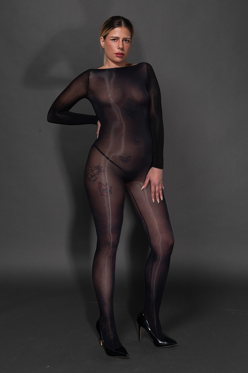 Oil Shine Seamless Long Sleeve Opaque Bodystocking