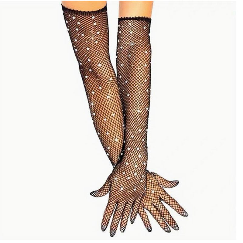 Extra Long Full Fingered Rhinestone Fishnet Gloves