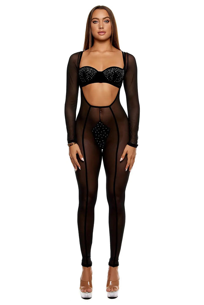 Forplay Caught Your Eye Velvet Rhinestone Jumpsuit Lingerie Set