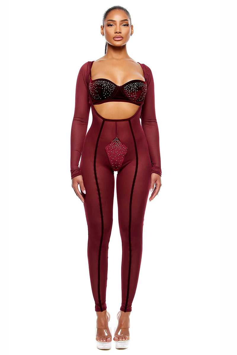 Forplay Caught Your Eye Velvet Rhinestone Jumpsuit Lingerie Set