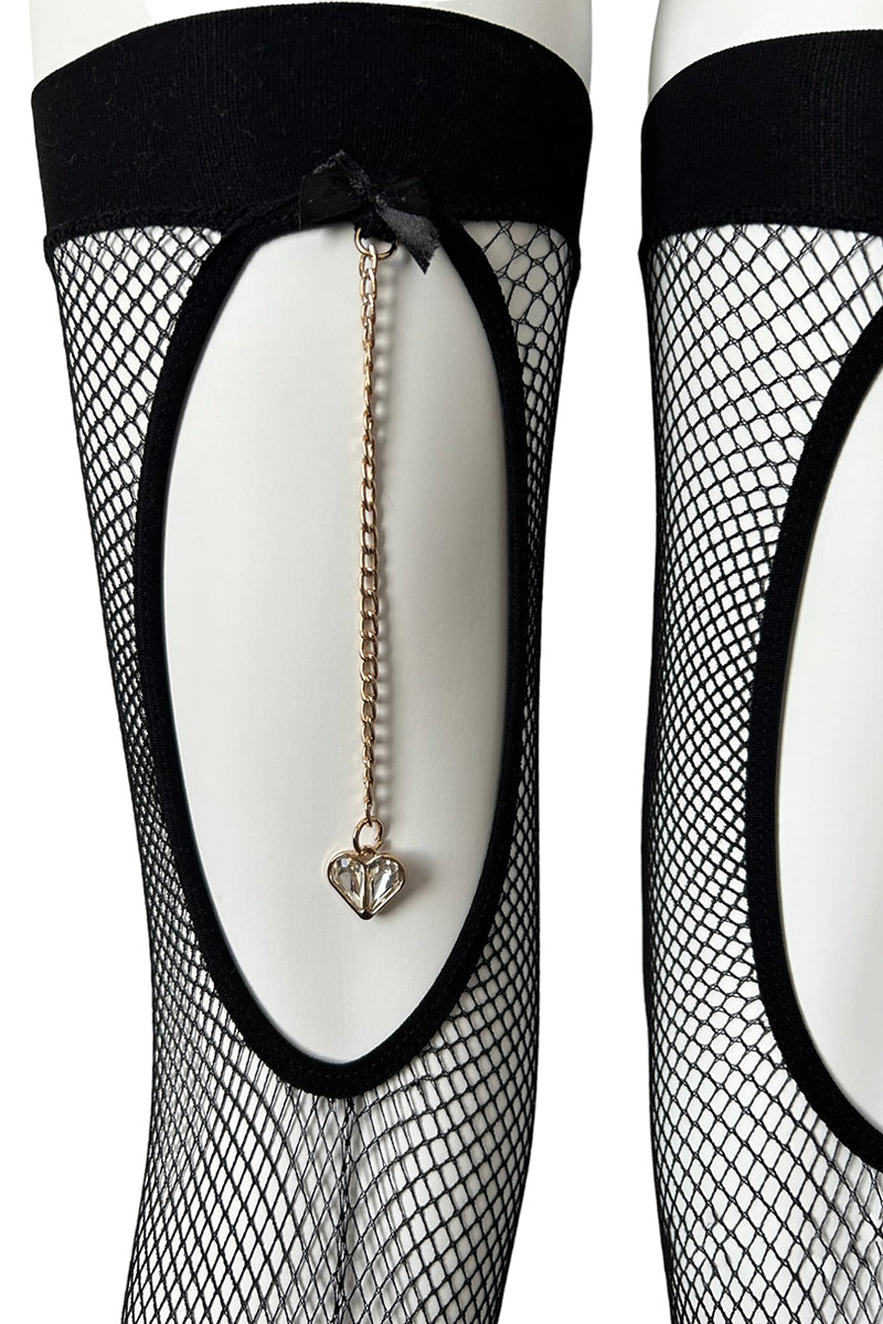 SWAY Cutout Fishnet Stockings With Dangling Pendant Heart