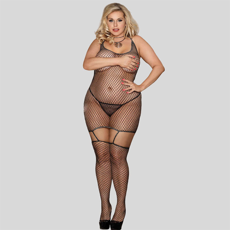 Plus Size Lurex Halter Diamond Net 2 Piece Bodystocking