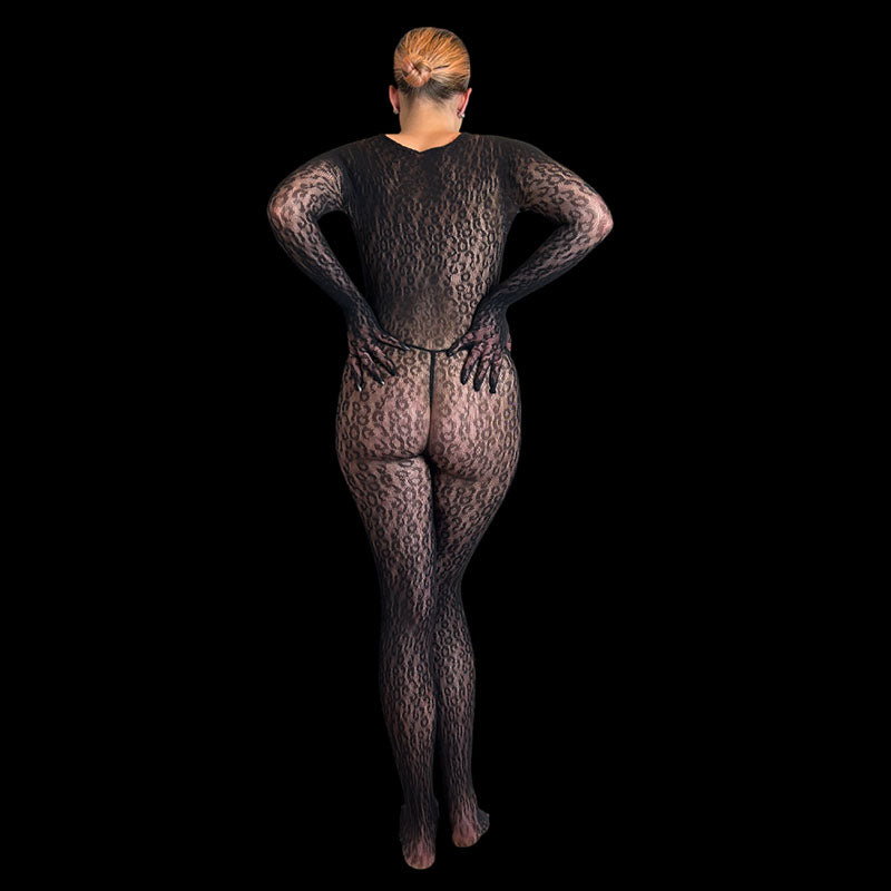 MUSE Gloved Woven Fishnet Leopard Print Catsuit