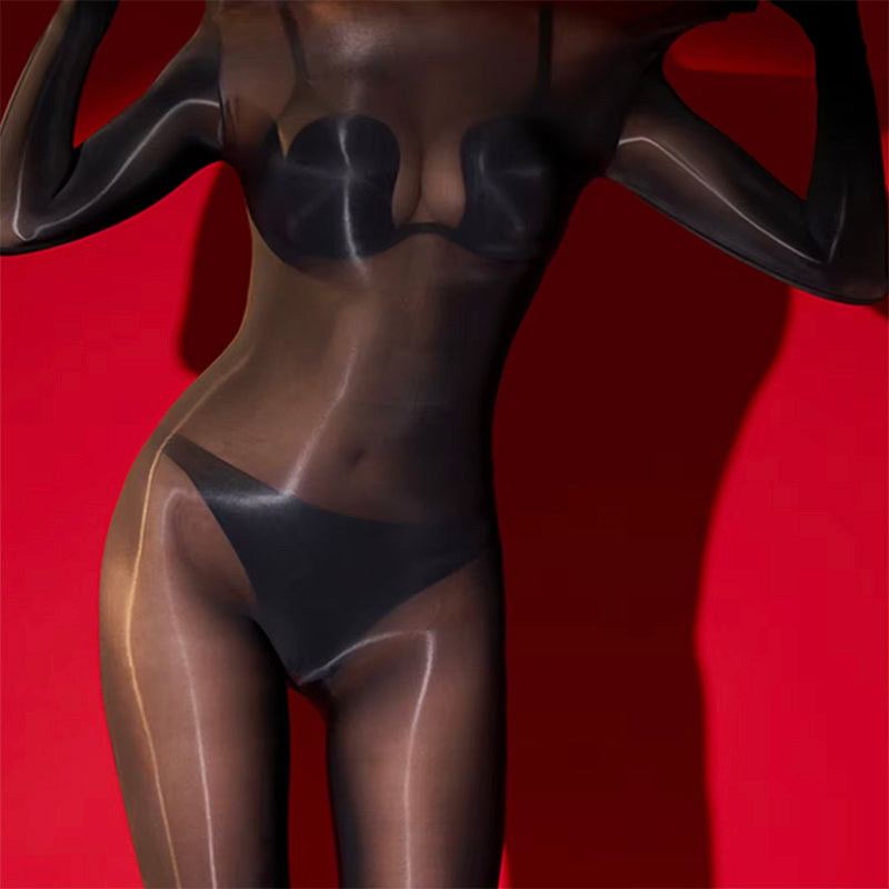 Oil Shine Seamless Long Sleeve Opaque Bodystocking