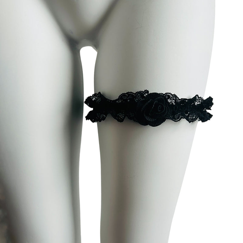 Black Bridal Wedding Garter With Rose Bud Detail