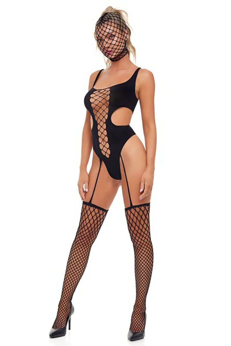 Pink Lipstick Sin N Chill Suspender Bodystocking With Separate Hood