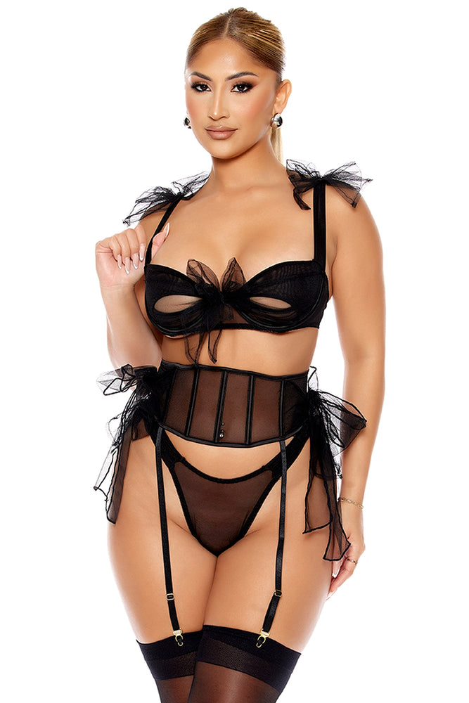 Forplay Unwrap Me 3 Piece Mesh Bow Detail Bra and Waist Cincher Set