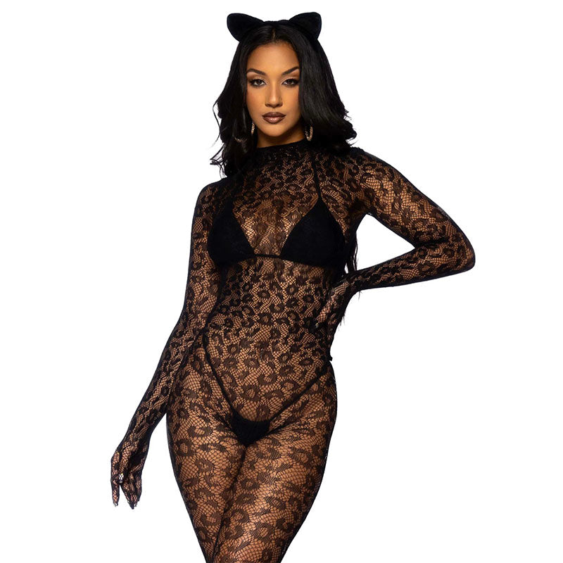 KITTY Gloved Woven Fishnet Leopard Print Bodystocking