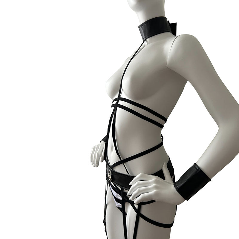 
                      
                        Fever Vinyl Bondage Collar, Cuffs and Suspender Set
                      
                    