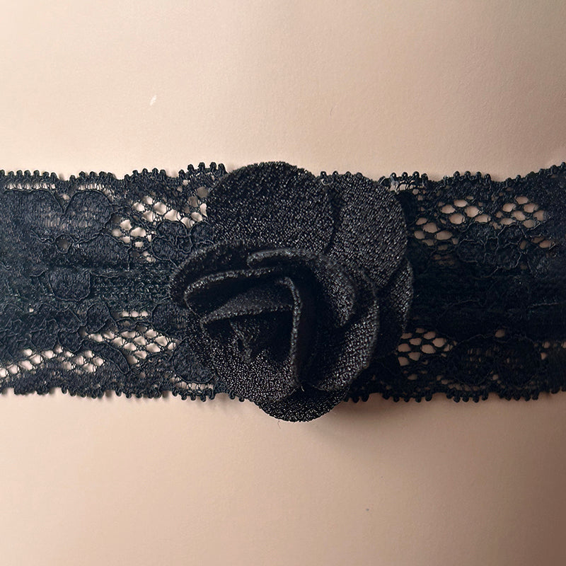 Plus Size Black Bridal Wedding Garter With Rose Bud Detail