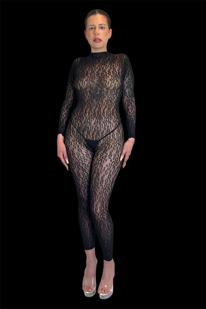 COCO Long Sleeve Footless Woven Fishnet Leopard Print Catsuit