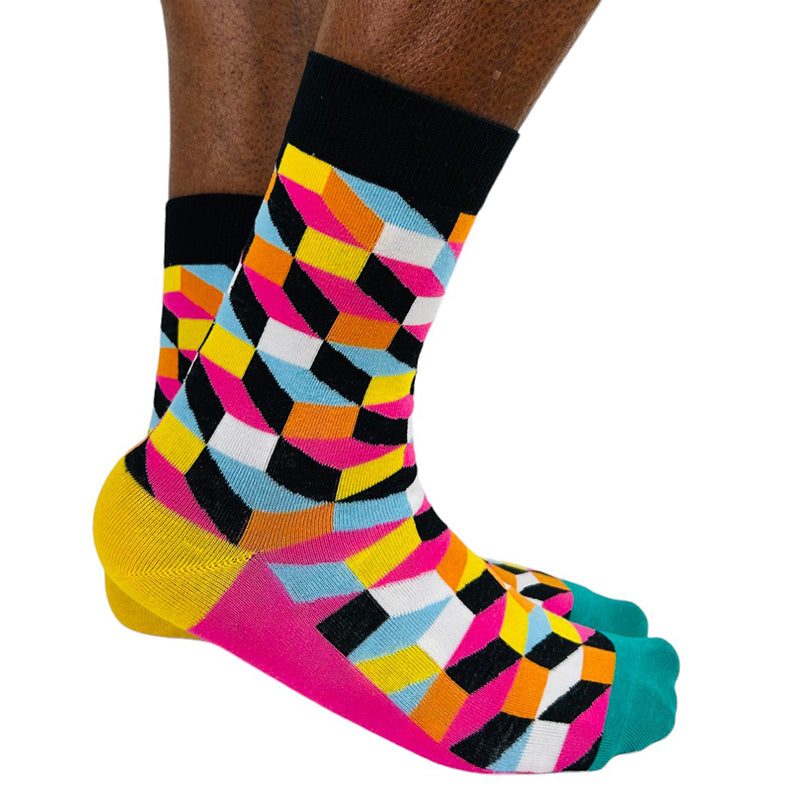 Luv Socks Men's Cotton Blend 3D Cube Crew Socks