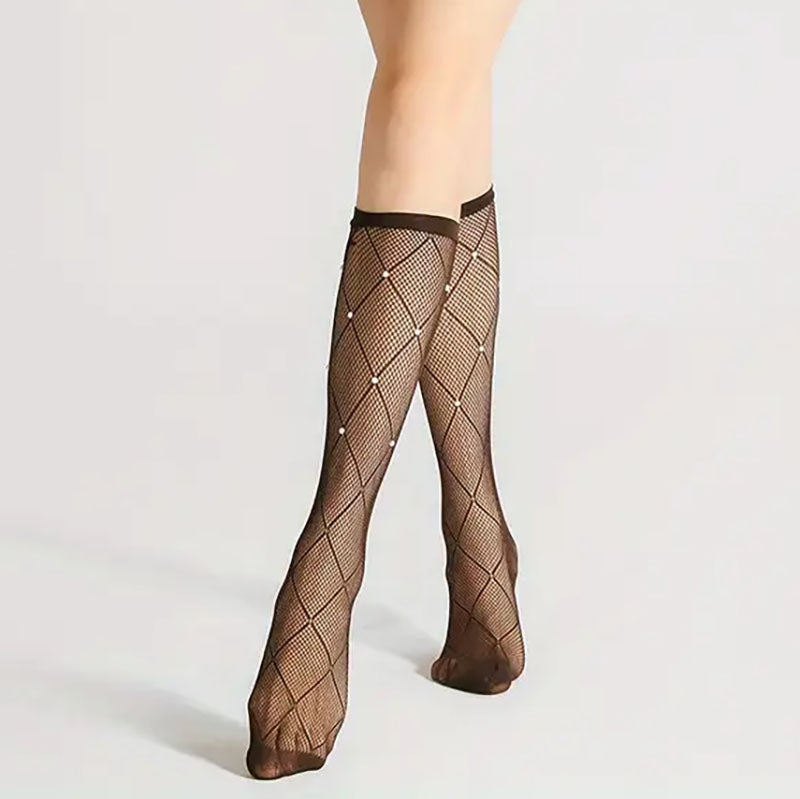 Pearl Stud Criss Cross Pattern knee Highs