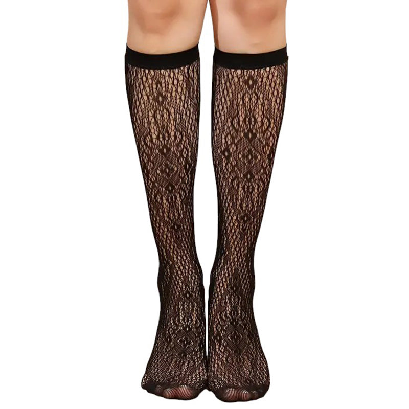 Fishnet Knee High Socks With Floral Pattern