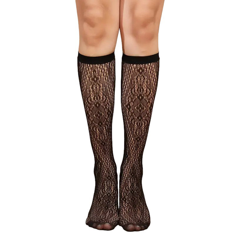 
                      
                        Fishnet Knee High Socks With Floral Pattern
                      
                    