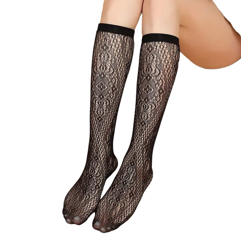 Fishnet Knee High Socks With Floral Pattern