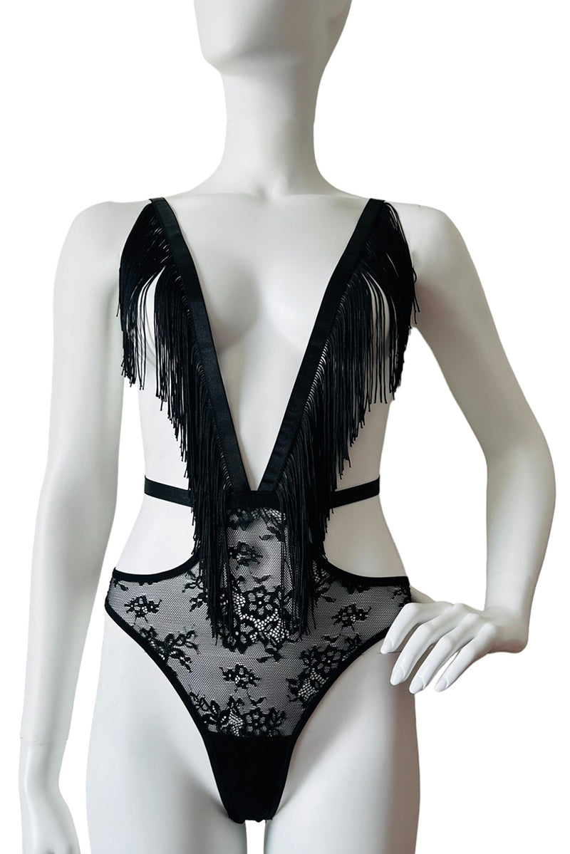 MINX Fringed Lace Strappy Bodysuit