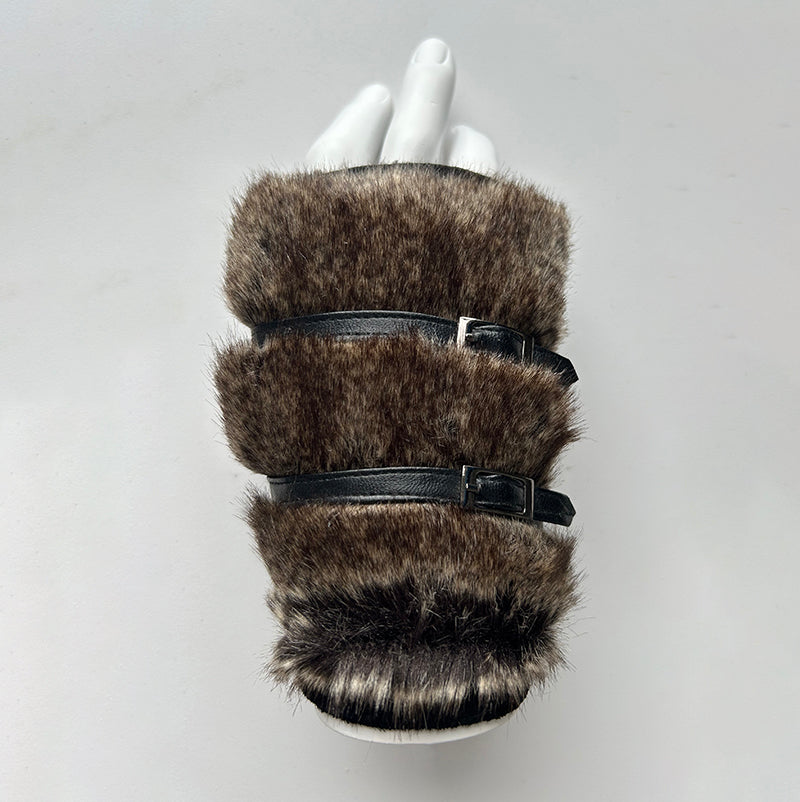 Faux Rabbit Fur & Suede Fingerless Cropped Gloves