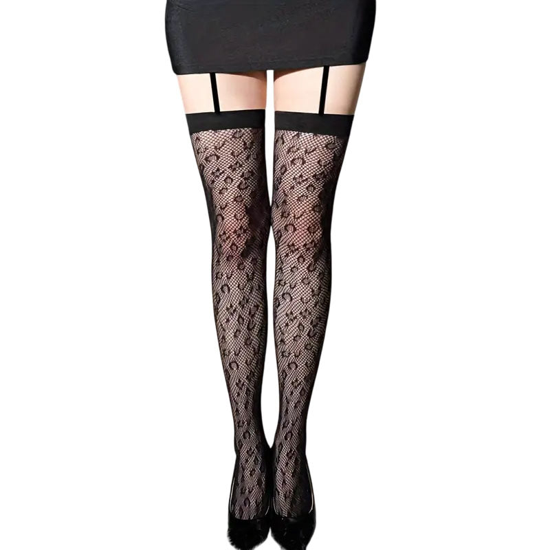 Leopard Print Fishnet Stockings With Attached Garter