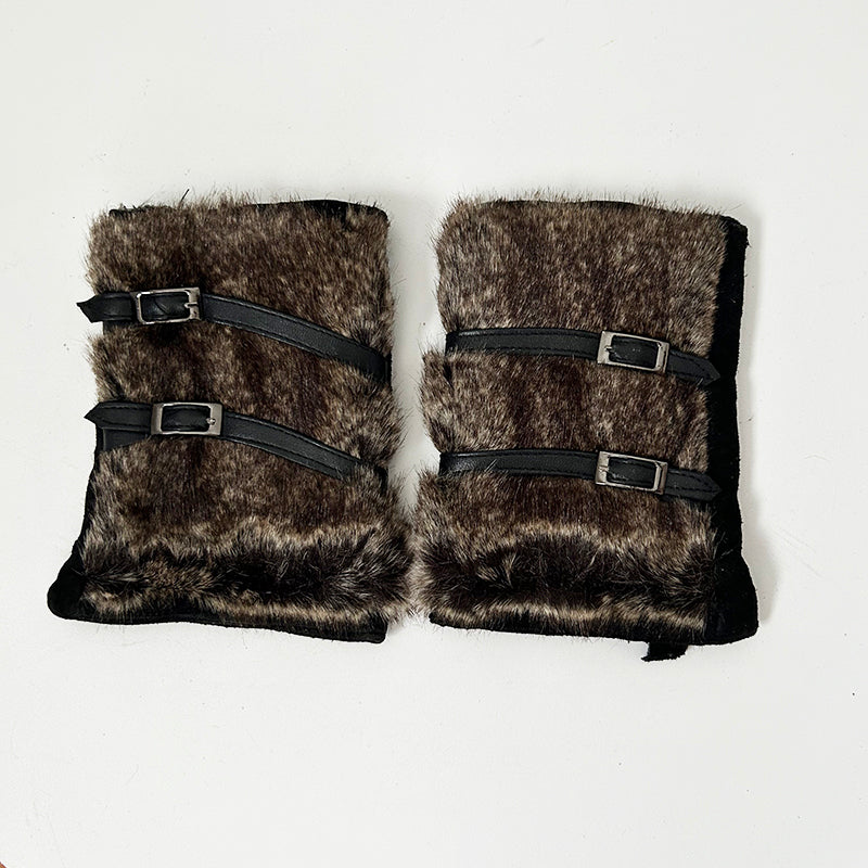 Faux Rabbit Fur & Suede Fingerless Cropped Gloves