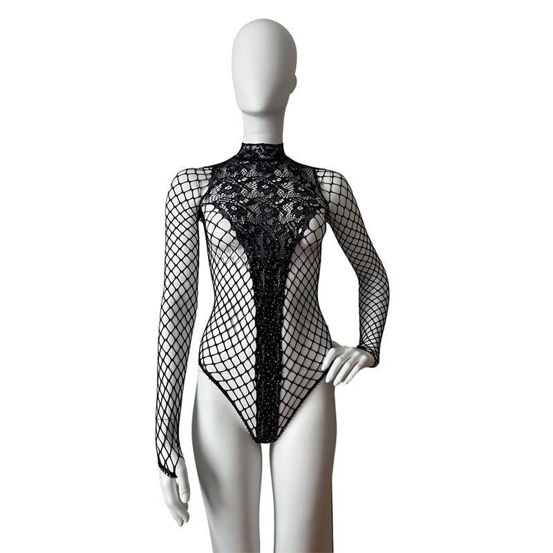 
                      
                        NEFERTITI Diamante Bodysuit In Fishnet And Lace
                      
                    