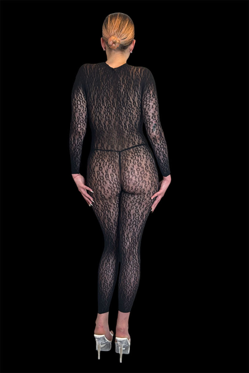 COCO Long Sleeve Footless Woven Fishnet Leopard Print Catsuit