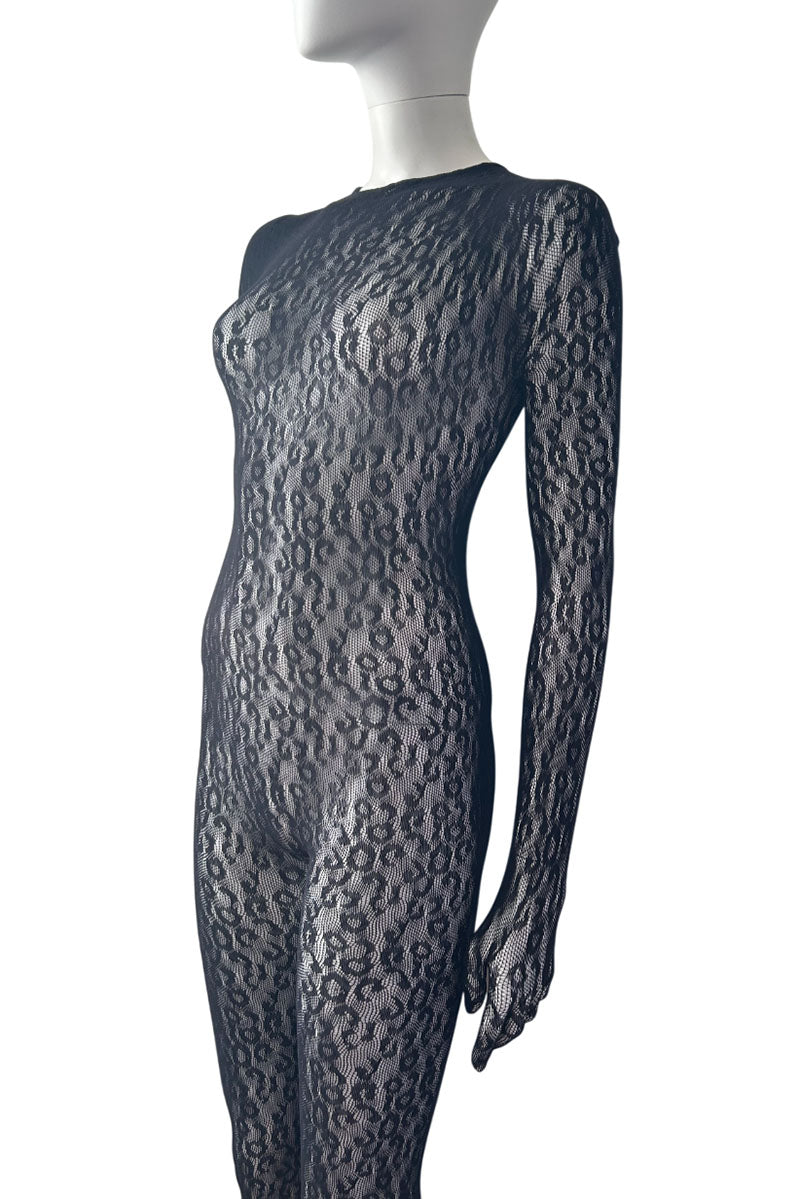 MUSE Gloved Woven Fishnet Leopard Print Catsuit