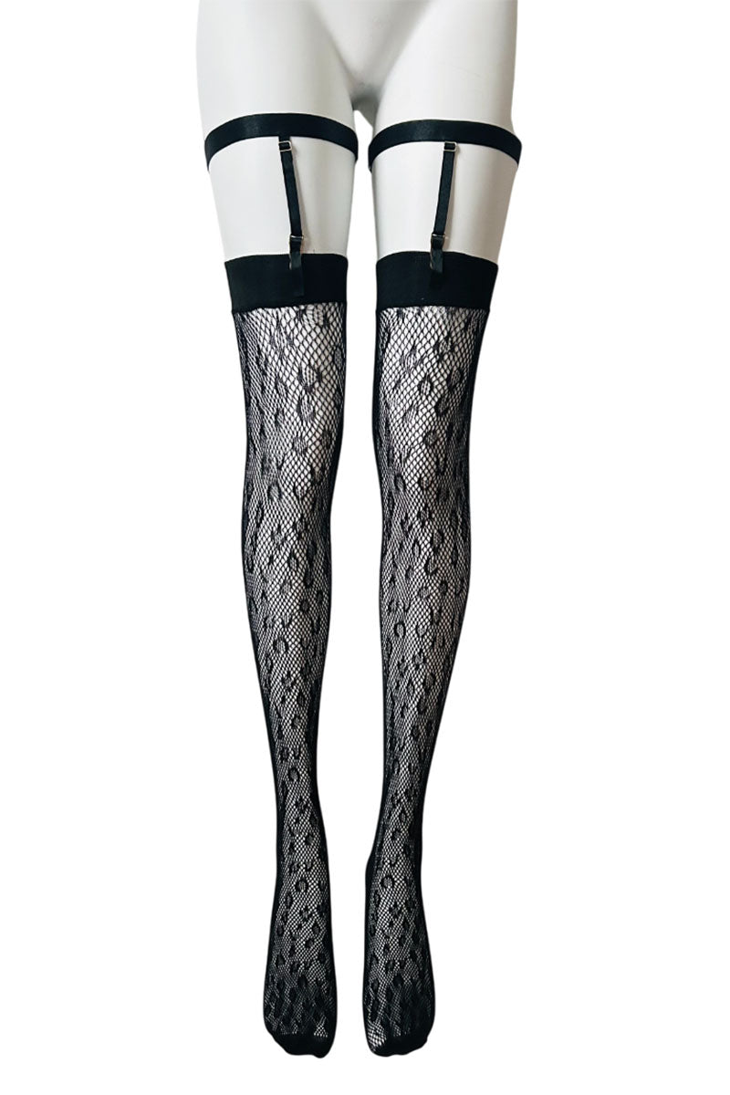 Plain Top Leopard Print Fishnet Stockings