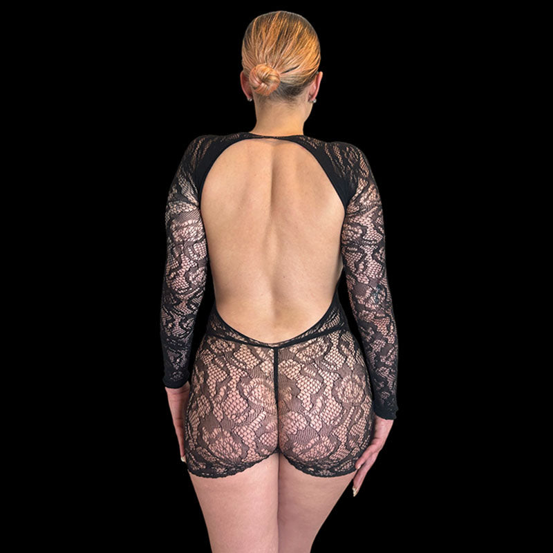 SYDNEY Stretch Lace Long Sleeve Open Back Boy Shorts Playsuit