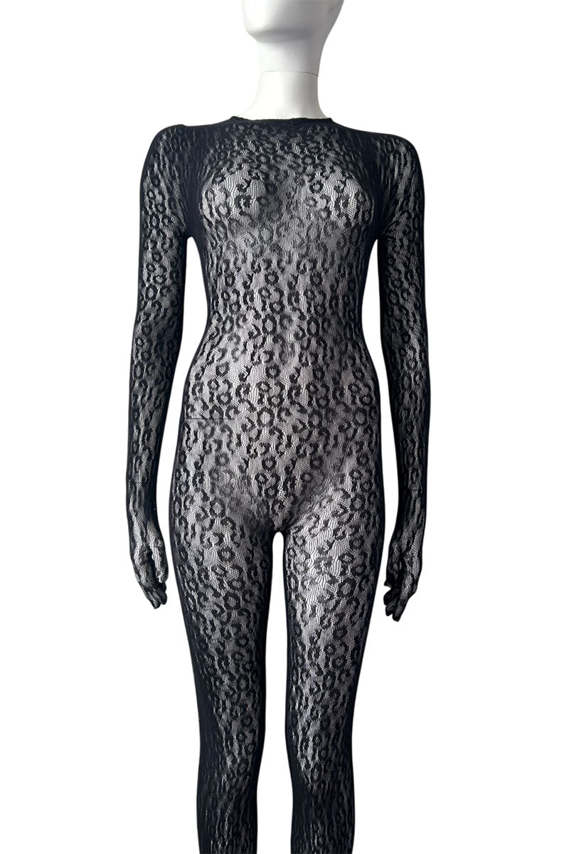 MUSE Gloved Woven Fishnet Leopard Print Catsuit