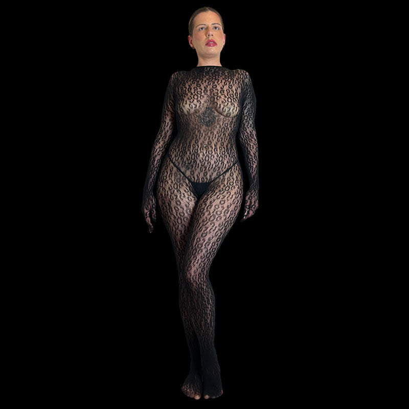 MUSE Gloved Woven Fishnet Leopard Print Catsuit