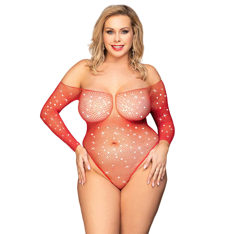 Luxury Plus Size Off Shoulder Long Sleeve Fishnet Rhinsestone Bodysuit