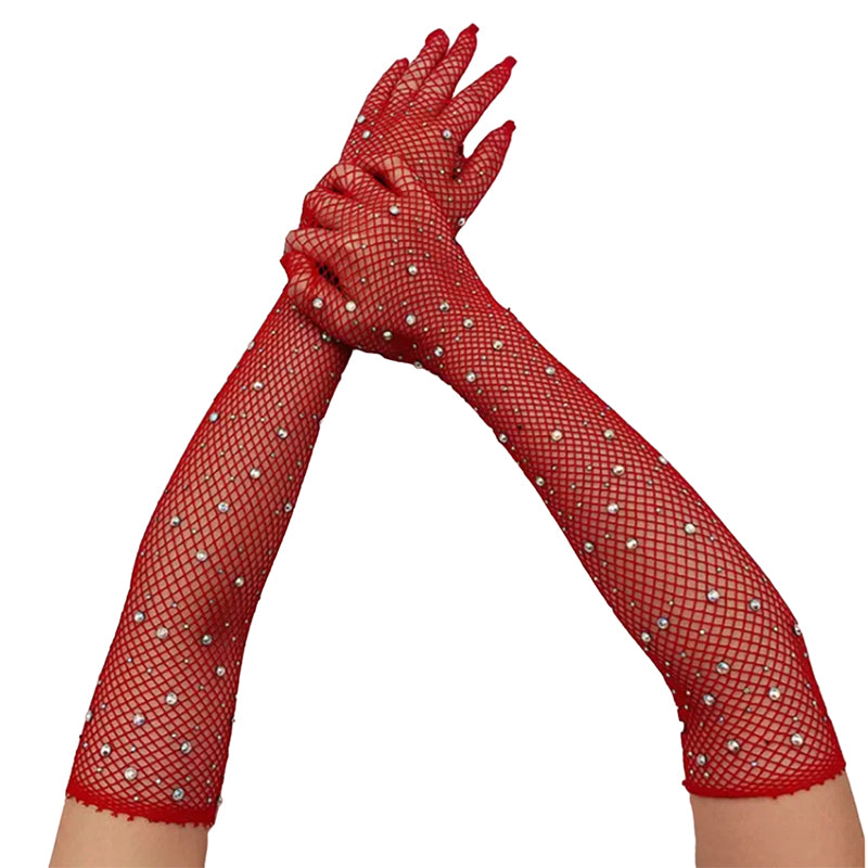 Extra Long Full Fingered Rhinestone Fishnet Gloves