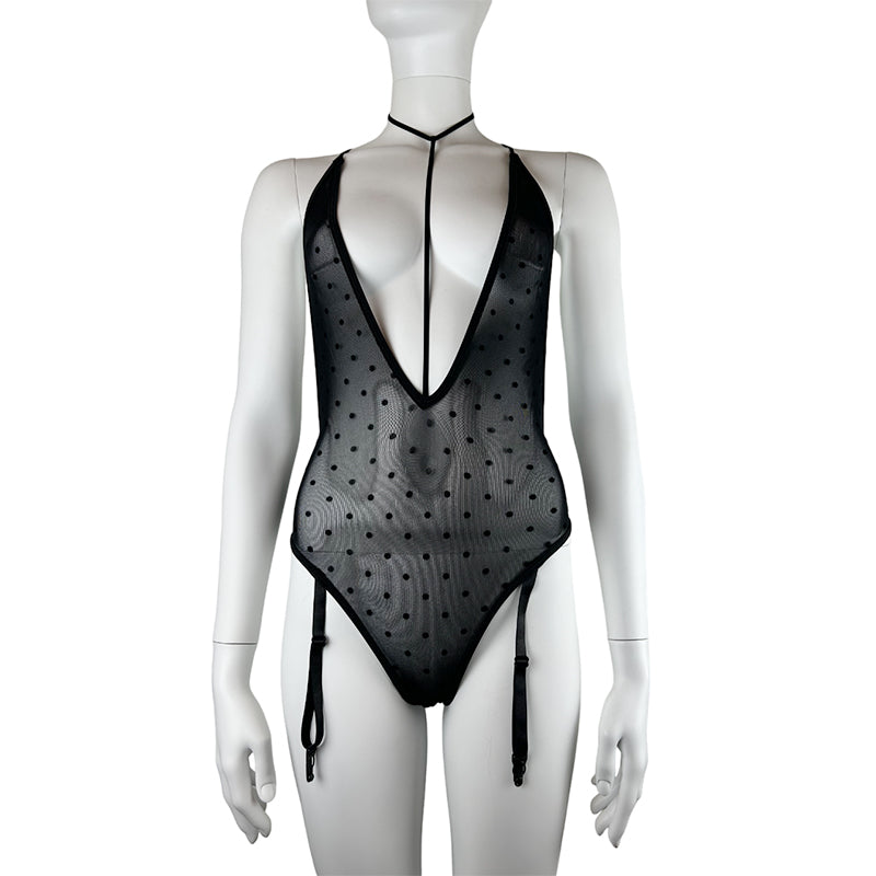 sheer bodysuti with very deep v front &  attached garters. thin center strap with collar.