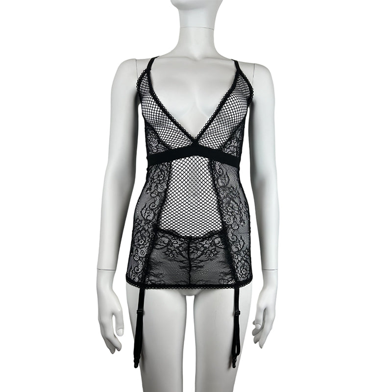 ForPlay Deep V Fishnet & Lace Suspender Teddy