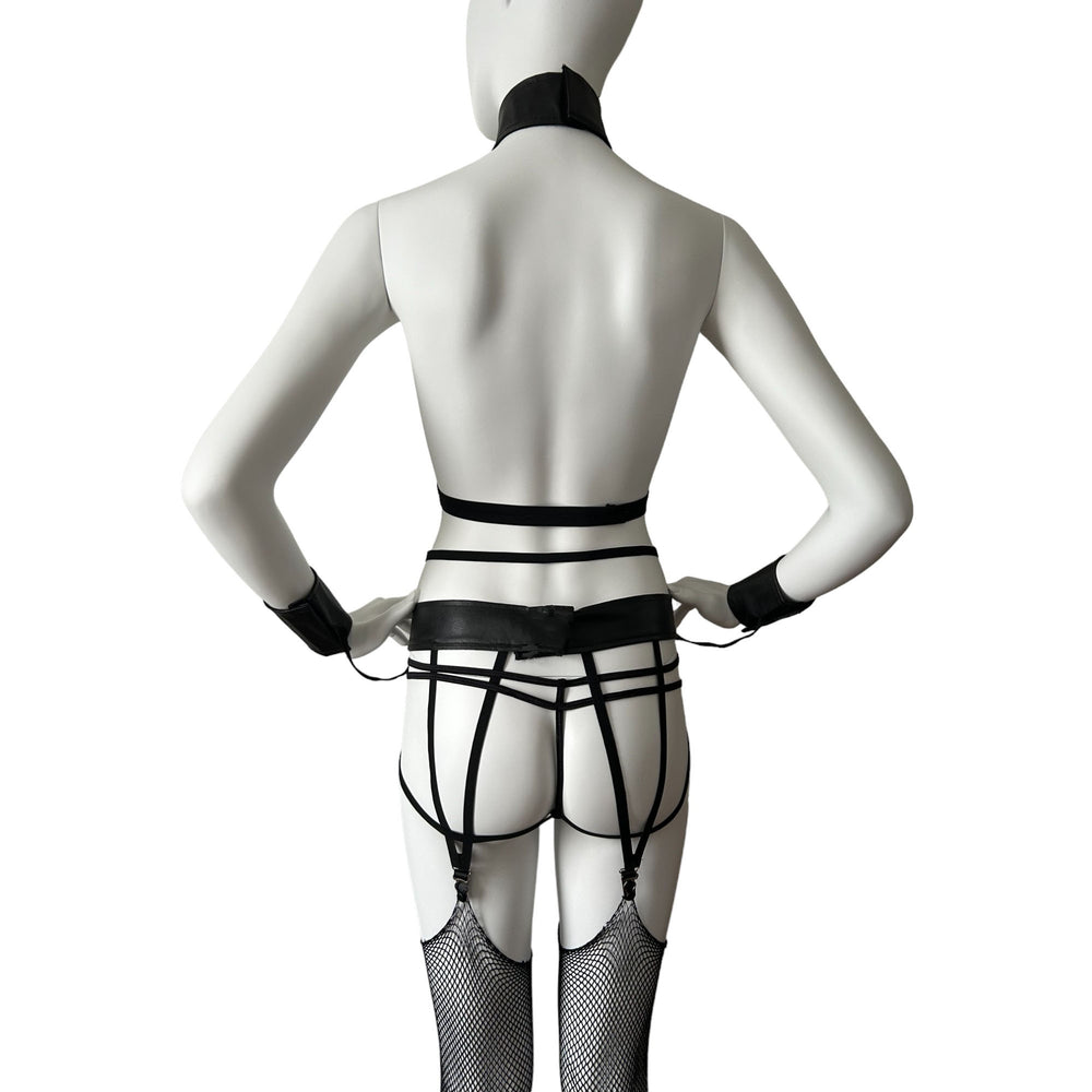 
                      
                        Fever Vinyl Bondage Collar, Cuffs and Suspender Set
                      
                    