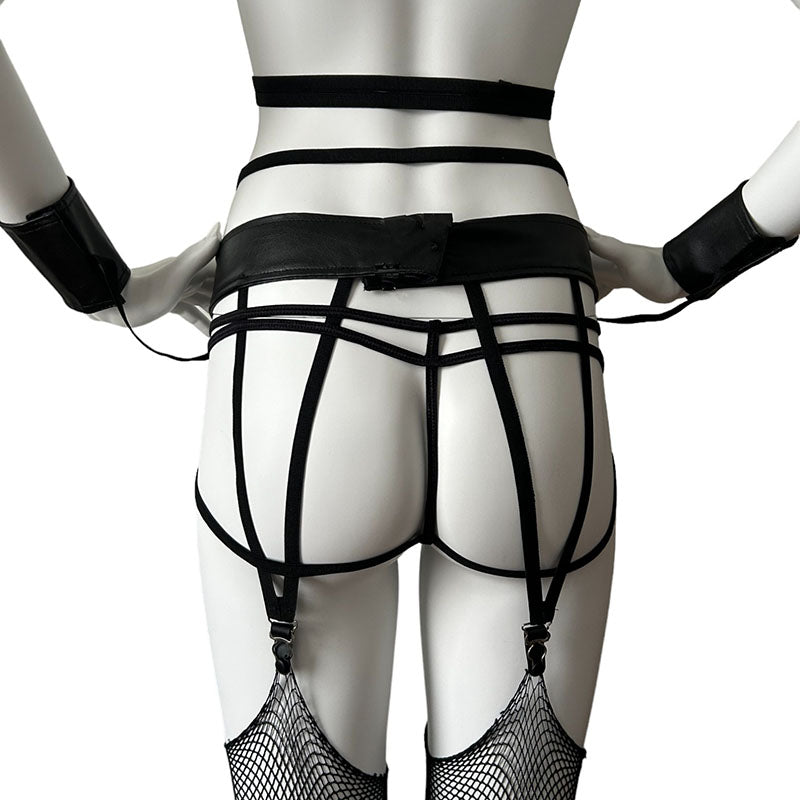 
                      
                        Fever Vinyl Bondage Collar, Cuffs and Suspender Set
                      
                    