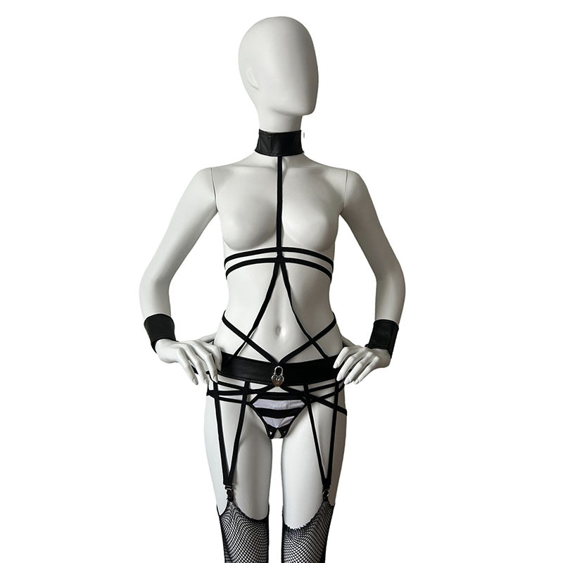 
                      
                        Fever Vinyl Bondage Collar, Cuffs and Suspender Set
                      
                    