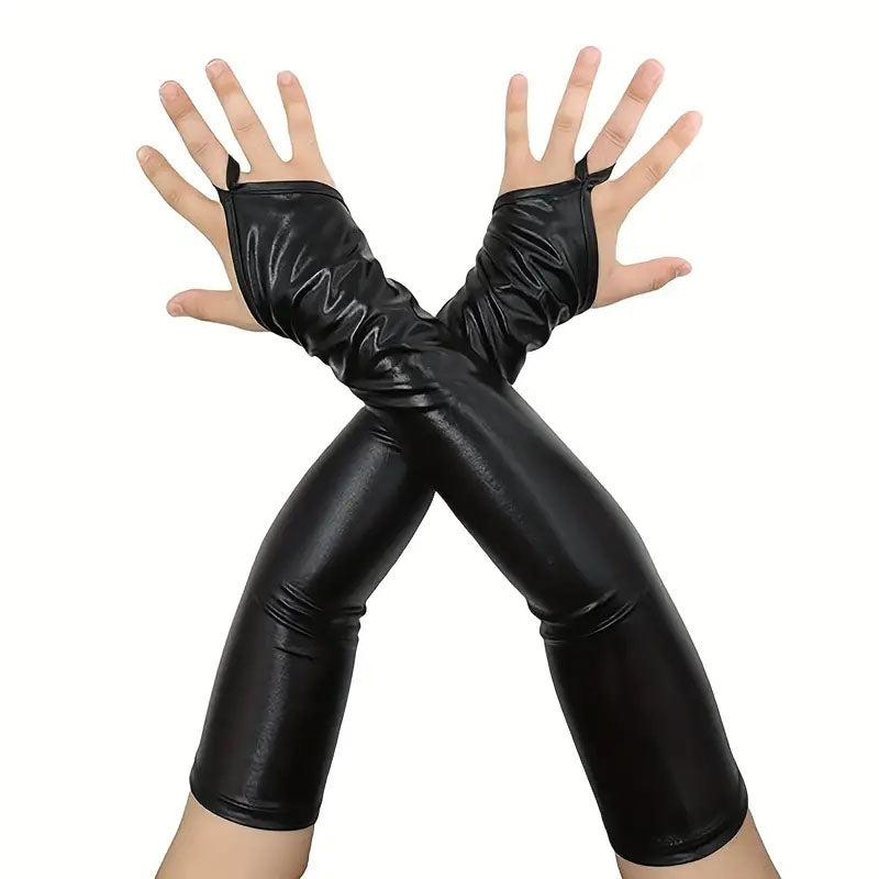 Long Fingerless Vinyl Fetish Gloves With Fingerloop