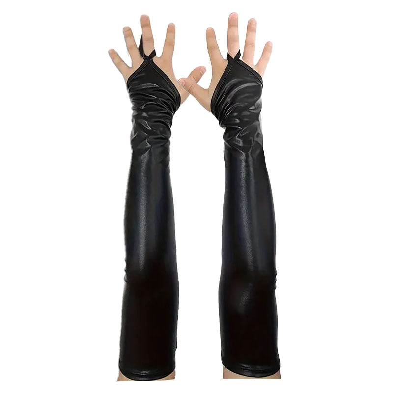 Long Fingerless Vinyl Fetish Gloves With Fingerloop