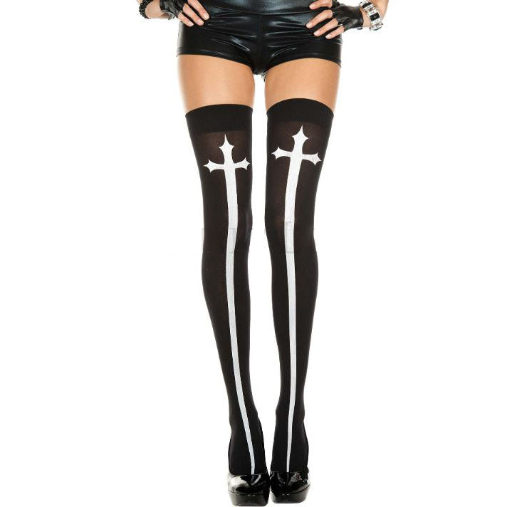 Music Legs Gothic Cross Opaque Thigh Highs - Leggsbeautiful