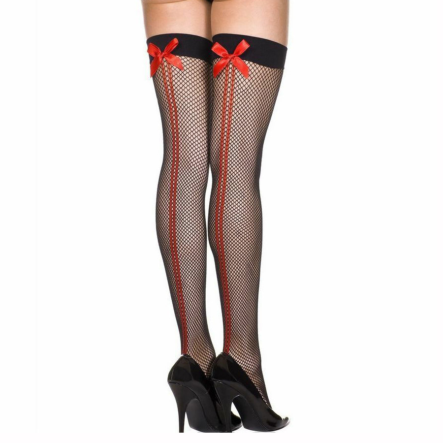 Music Legs Double Backseam Fishnet Thigh High W/Bows - Leggsbeautiful