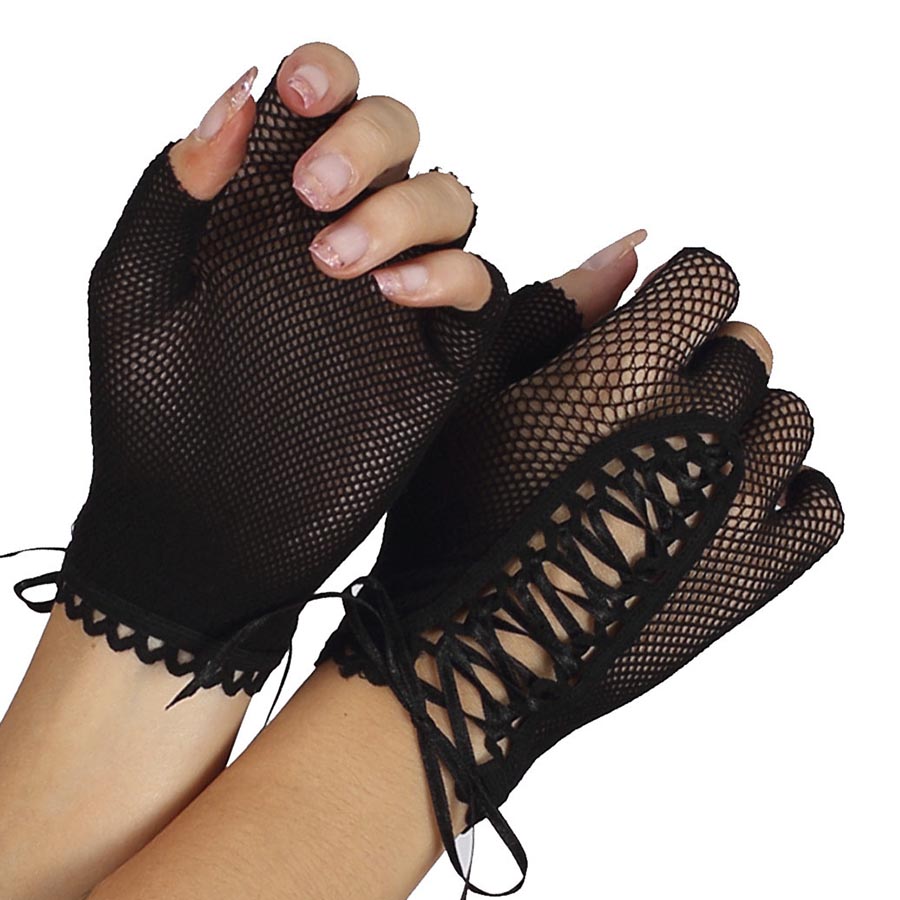 Black Fingerless Fishnet Gloves With Lace Up Detail-Leggsbeautiful -  LEGGSBEAUTIFUL