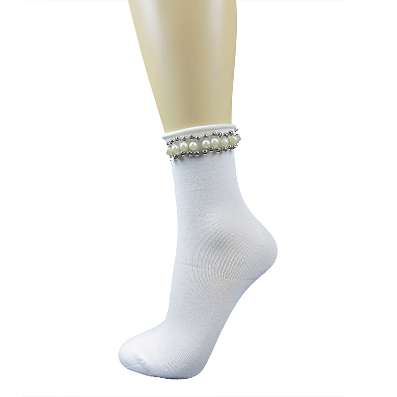 Smooth Knit Ankle Socks With Side Pearl Trim - Leggsbeautiful