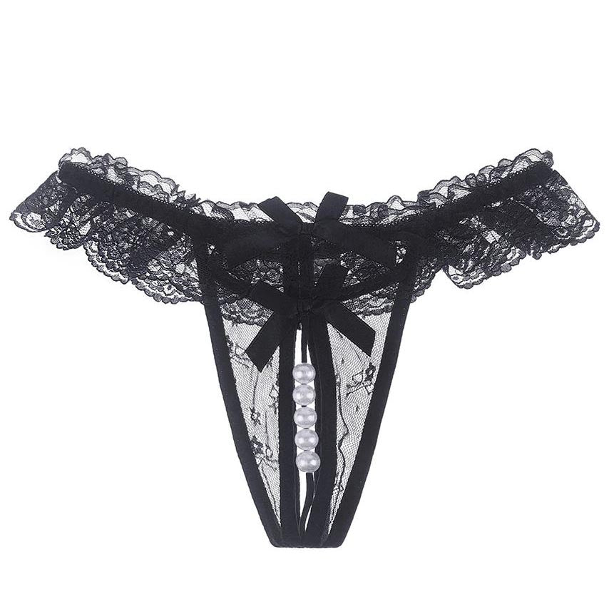 Stretch Lace Crotchless Thong With Pearl Beads-Leggsbeautiful