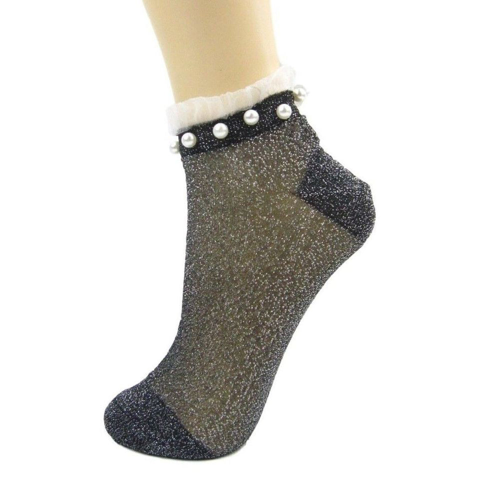 Glitter Ankle Socks With Pearl & Frill Cuff